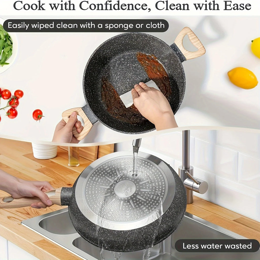 Non - Stick 12 POTS and Pans Set, Cookware Set, Including Frying Pan, Pan, Steamer, Silicone Spatula and Tongs - Granite Cooking Set (Black)