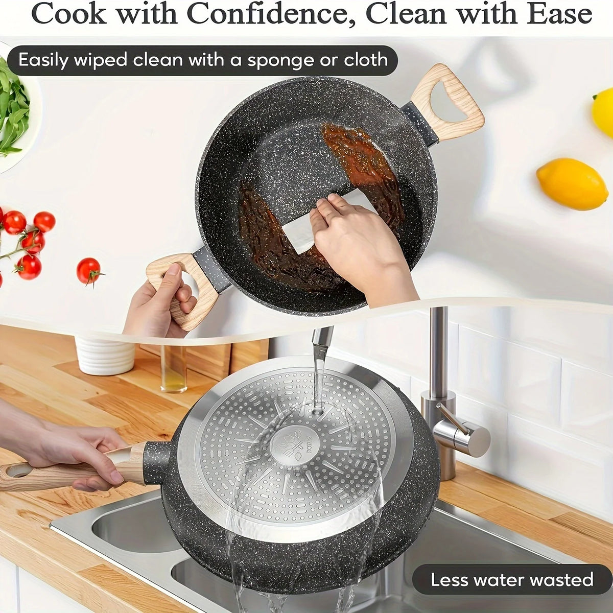 Non - Stick 12 POTS and Pans Set, Cookware Set, Including Frying Pan, Pan, Steamer, Silicone Spatula and Tongs - Granite Cooking Set (Black)