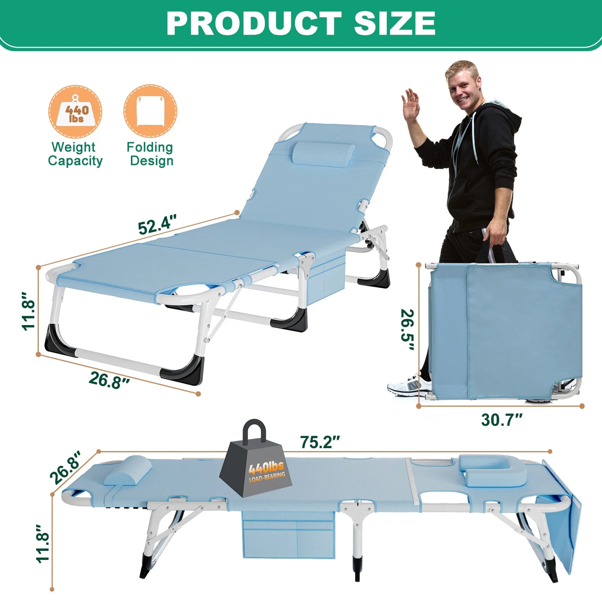 MOPHOTO Lounge Chair with Mattress, Outdoor Chaise Lounge Support 440 lb, Adjustable Portable Heavy Duty Sleeping Cots Bed for Camping, Pool, Beach, Patio