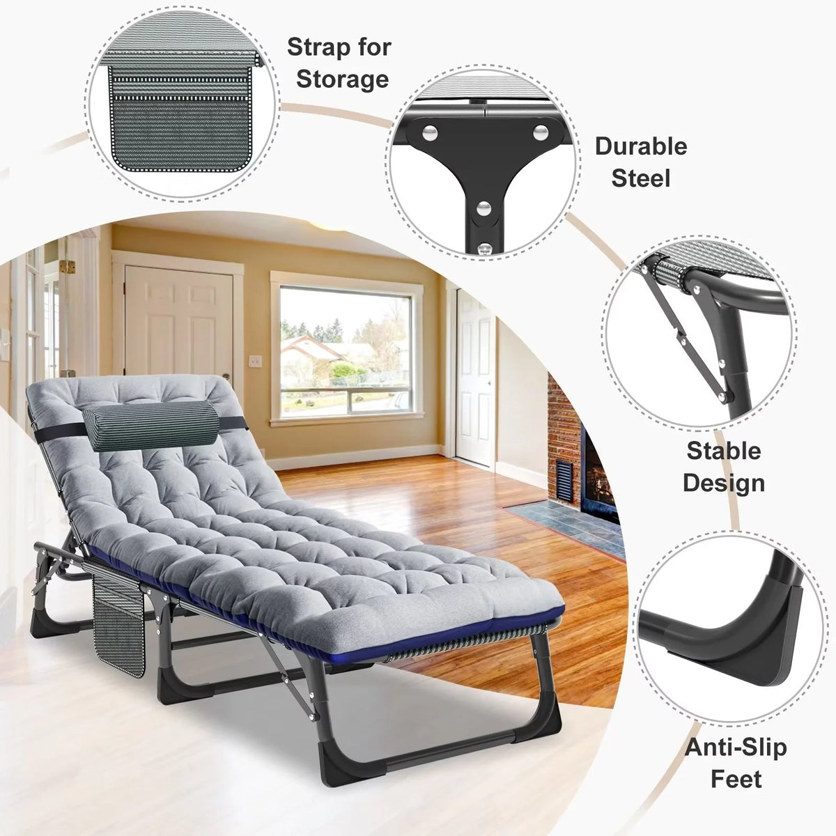 MOPHOTO Lounge Chair with Mattress, Outdoor Chaise Lounge Support 440 lb, Adjustable Portable Heavy Duty Sleeping Cots Bed for Camping, Pool, Beach, Patio