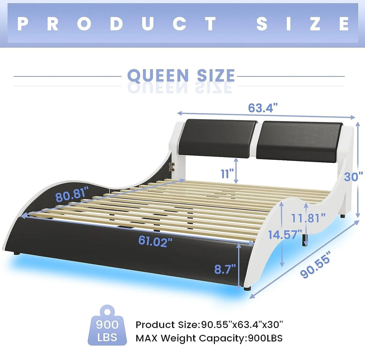 Queen Size Bed Frame with LED Lights, Modern Platform Bed Frame with Upholstered Headboard, Faux Leather Wave Like Low Profile Bed Frame, No Box Spring Needed, Black