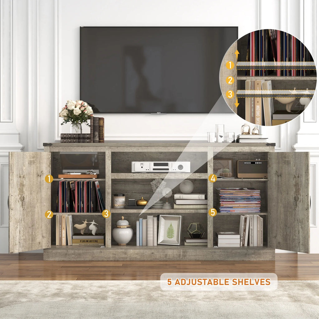 Chvans Farmhouse Barn Door TV Stand for up to 65" Tvs & 23" Electric Fireplace, Entertainment Center Console Table with Adjustable Shevles