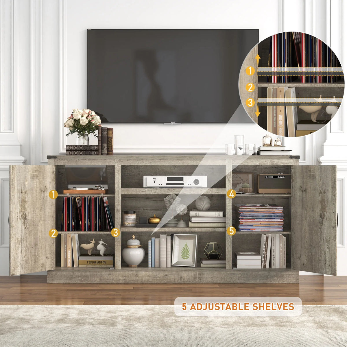 Chvans Farmhouse Barn Door TV Stand for up to 65" Tvs & 23" Electric Fireplace, Entertainment Center Console Table with Adjustable Shevles