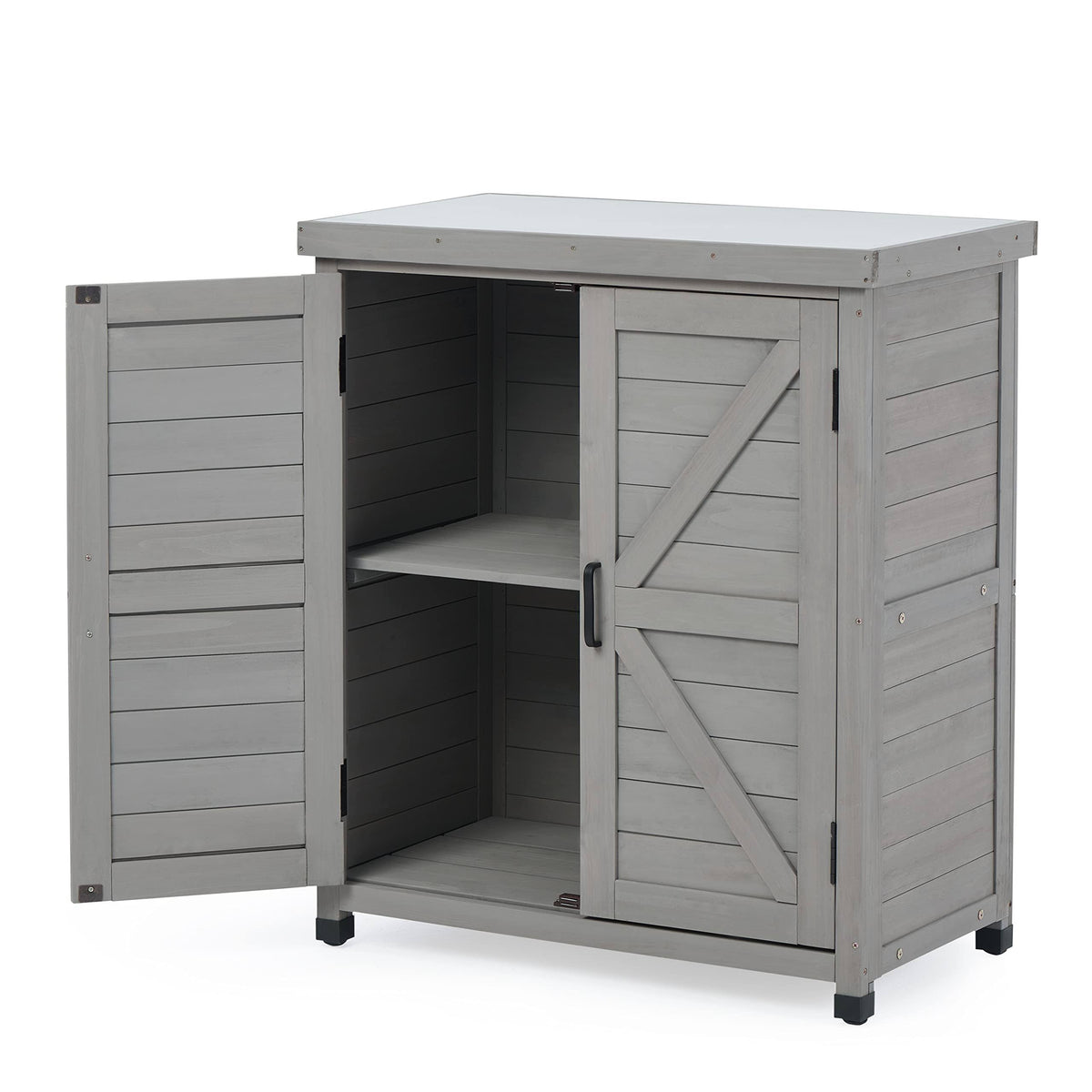 SoliWood Outdoor Storage Cabinet & Potting Bench Table with Metal Top, Wooden Patio Furniture, Garden Workstation