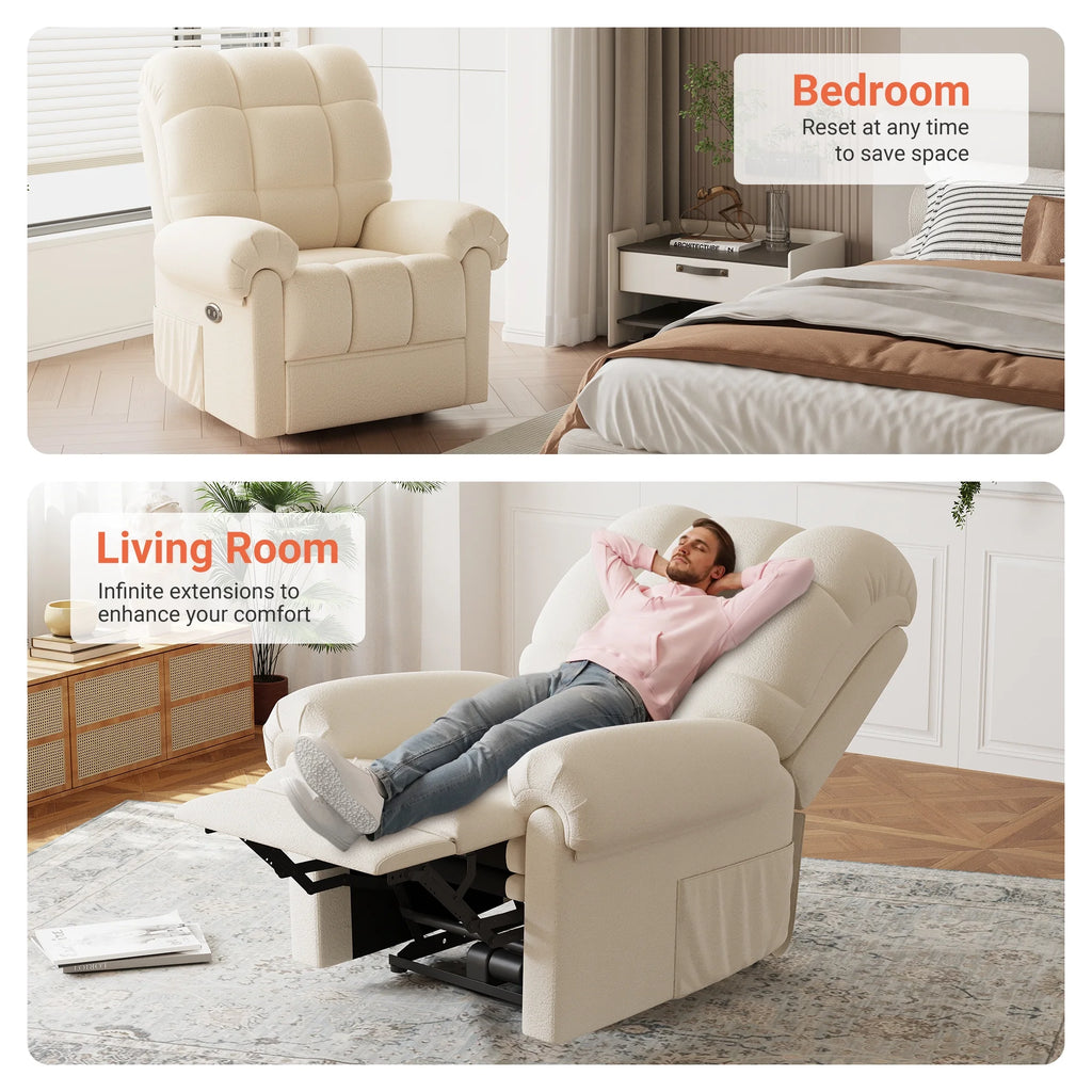 Power Recliner Chair, Electric Recline Sofa Chair for Adults with USB Port, Comfy Teddy Fleece Adjustable Cloud Sofa, Tool - Free Setup, Beige White