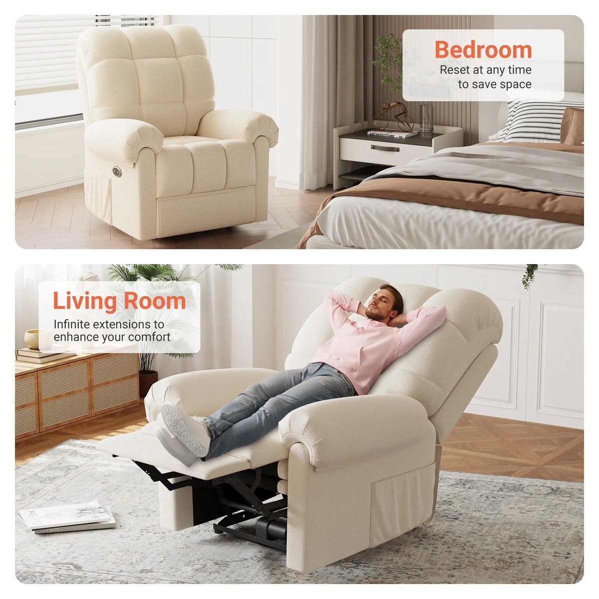 Power Recliner Chair, Electric Recline Sofa Chair for Adults with USB Port, Comfy Teddy Fleece Adjustable Cloud Sofa, Tool - Free Setup, Beige White