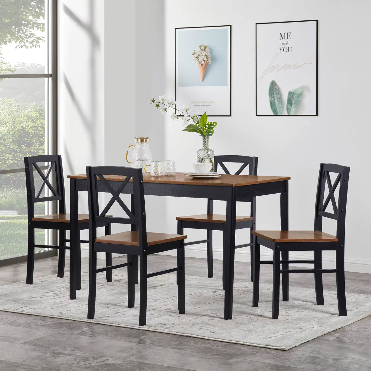 Seizeen Solid Wood Kitchen Table and Chairs, Dining Room Table Set for 4 with Gray Upholstered Chairs, Wood Grain Table Heavy - Duty Frame, Rustic Minimalist Style Breakfast Nook Set