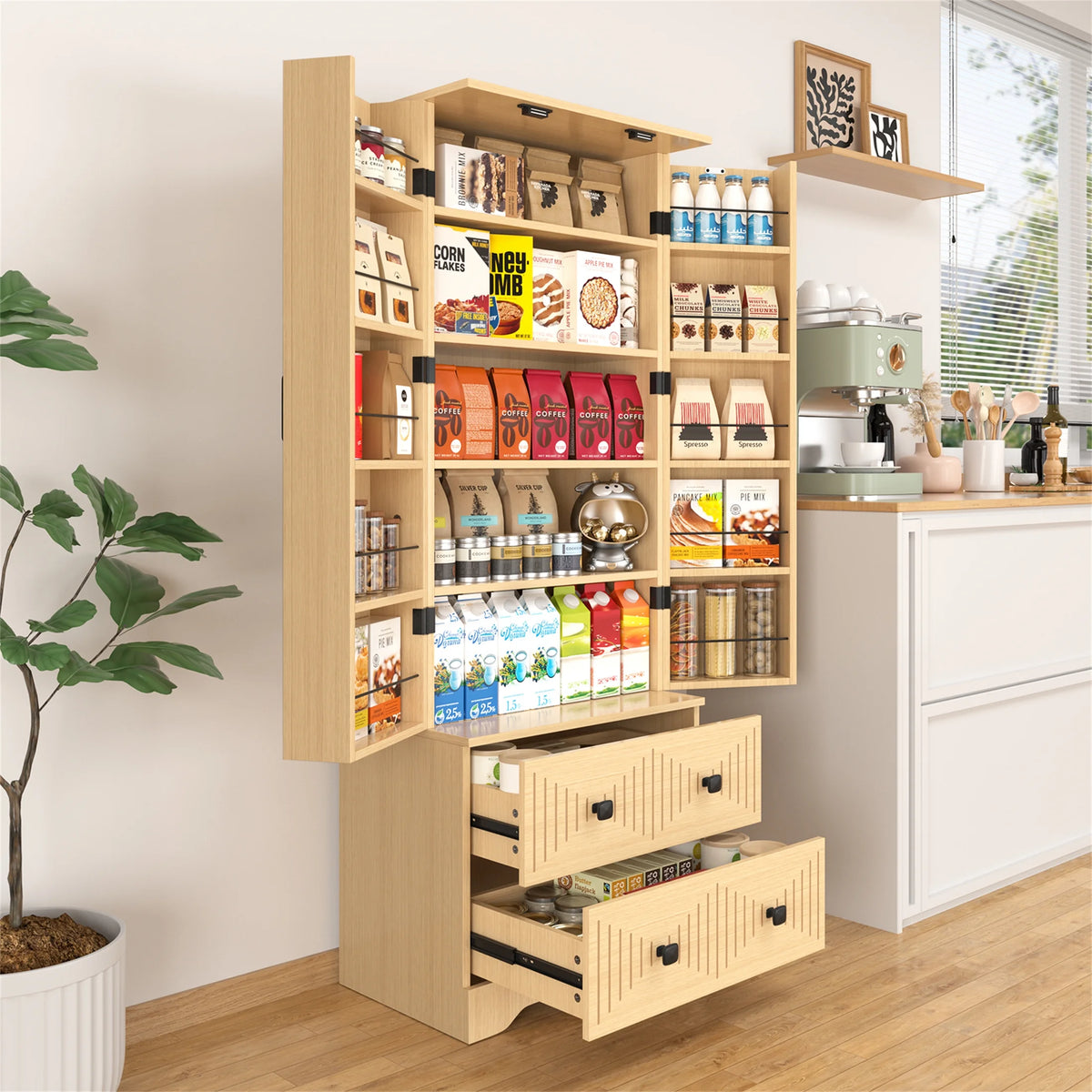 Planntonneo 71'' Tall Kitchen Pantry Storage Hutch Cabinet with Doors and Shelves, Grey Oak