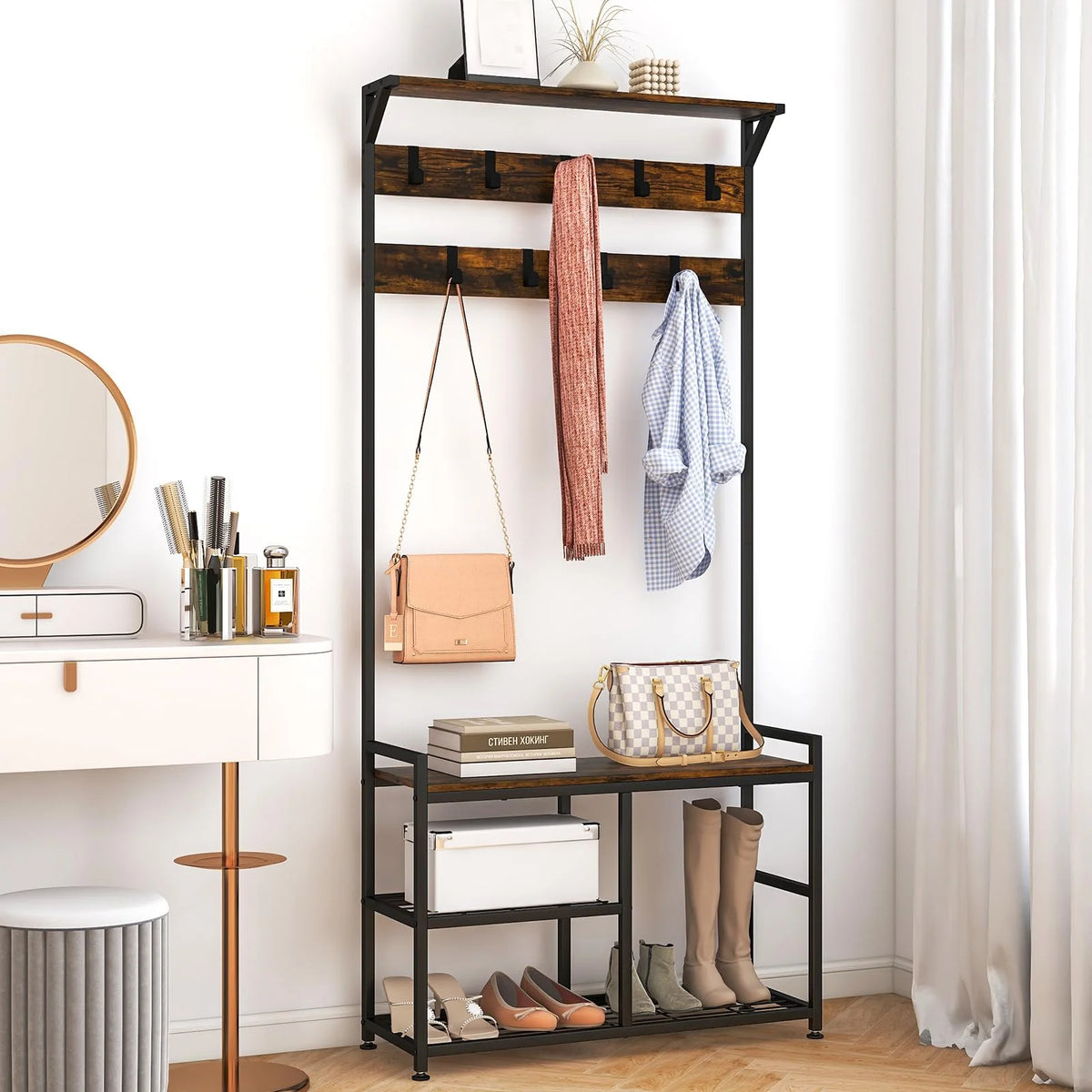 Tangkula Coat Rack Shoe Bench, 3-in-1 Industrial Hall Tree w/Storage Bench & 9 Hanging Hooks, 3-Tier Wood Look Entryway Bench w/Metal Frame