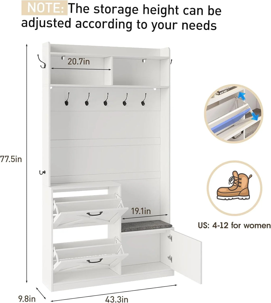 Vabches 5 in 1 Hall Tree, 78" Narrow Entryway Bench with LED Light, Coat Rack and Shoe Storage, Hall Tree with Cushioned Stool & Hooks for Hallway, Living Room, Mudroom