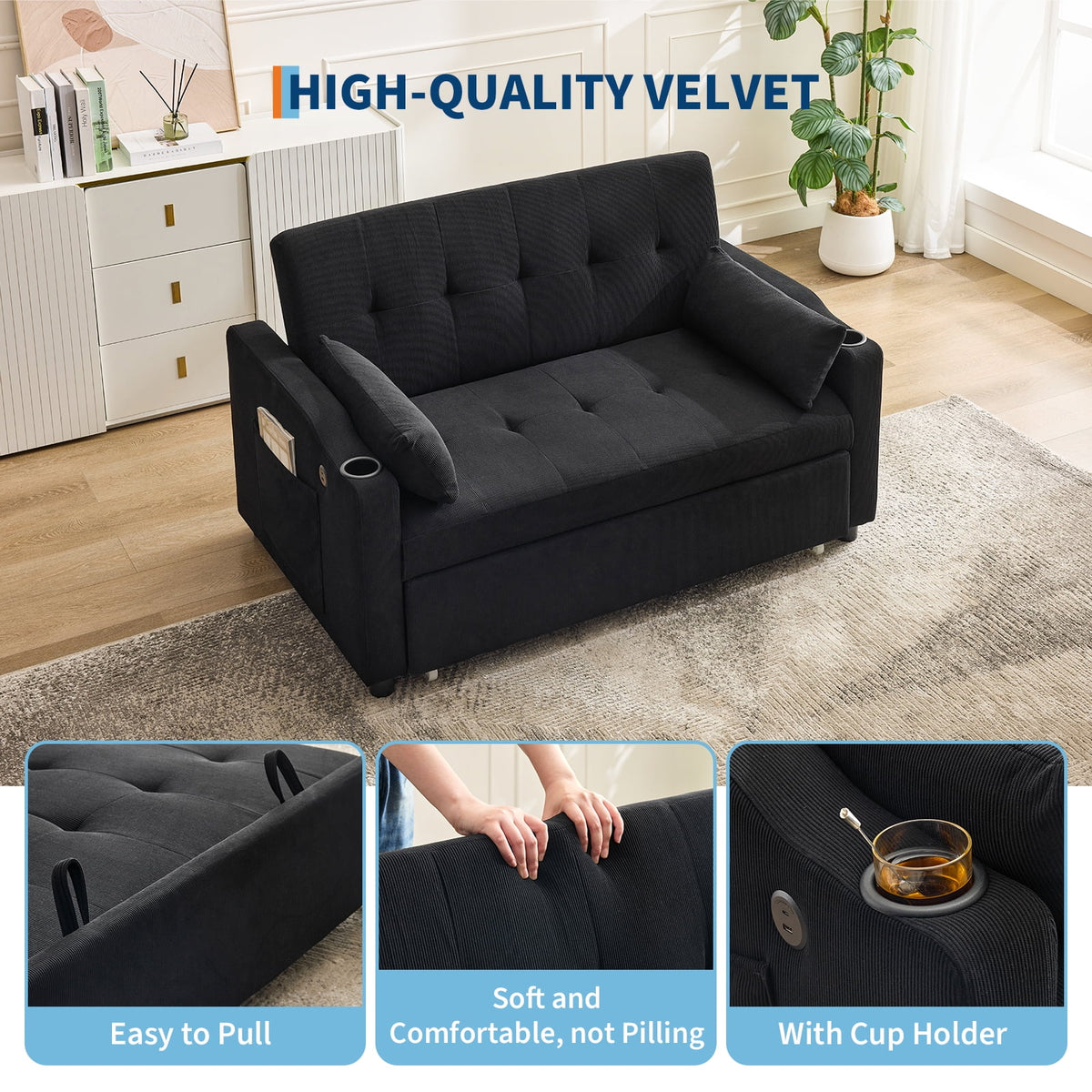 3 in 1 Convertible Sleeper Sofa Bed, Corduroy Futon Couches with Pull - Out Bed, Adjustable Backrest, Charging Port & Side Pockets, Modern Upholstered Sofa for Living Room, Guest Room