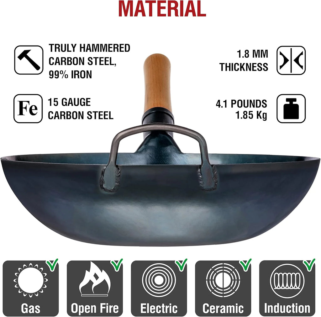 YOSUKATA 13.5" Carbon Steel Wok Pan - Pre - Seasoned Flat Bottom Wok for Stir Fry, BBQ & Camping - Works with Induction, Gas, Electric & Open Fire