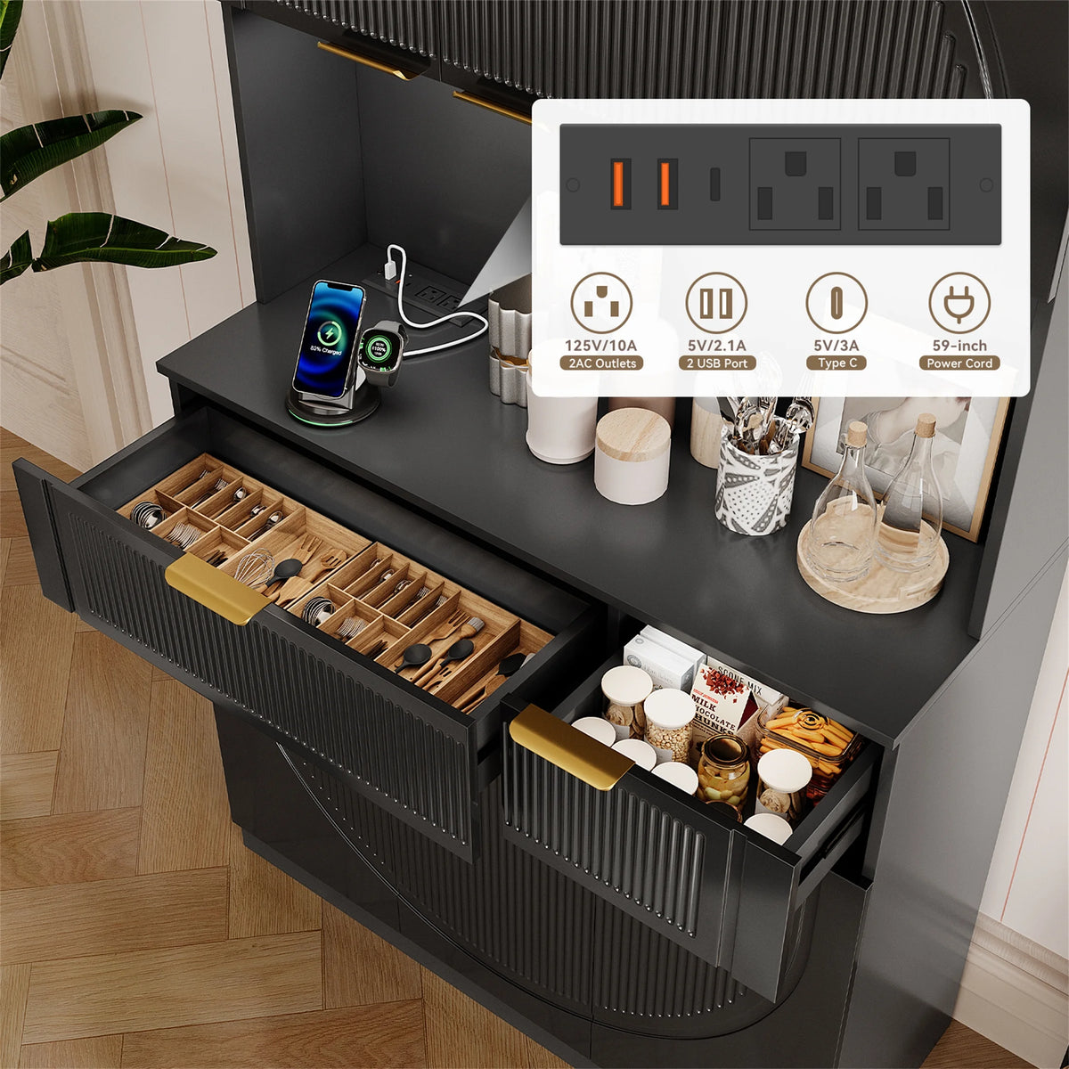 Planntonneo 71'' Tall Kitchen Pantry Storage Hutch Cabinet with Doors and Shelves, Grey Oak