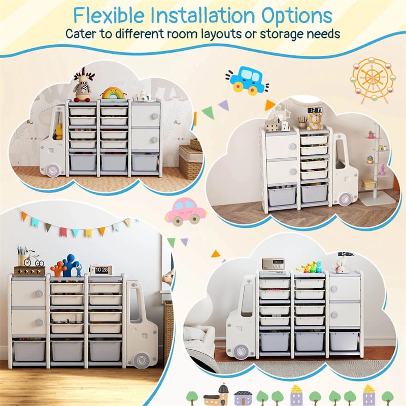 Truck-Shaped Kids Toy Storage Organizer with 11 Removable Bins, 2 Cabinets & Top Shelf, Toddler Bookshelf for Playroom & Kids Room