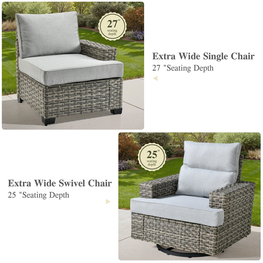Ovios 10 Pieces Outdoor Patio Furniture Modern High - Back All - Weather Wicker Sectional Conversation Set with Propane Fire Pit Table & Swivel Chair, Dark Gray