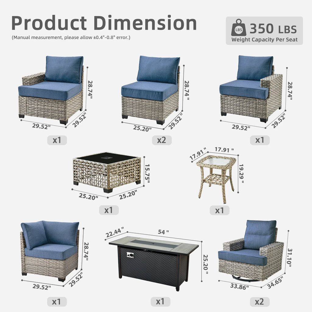 Ovios 10 Pieces Outdoor Patio Furniture Modern High - Back All - Weather Wicker Sectional Conversation Set with Propane Fire Pit Table & Swivel Chair, Dark Gray