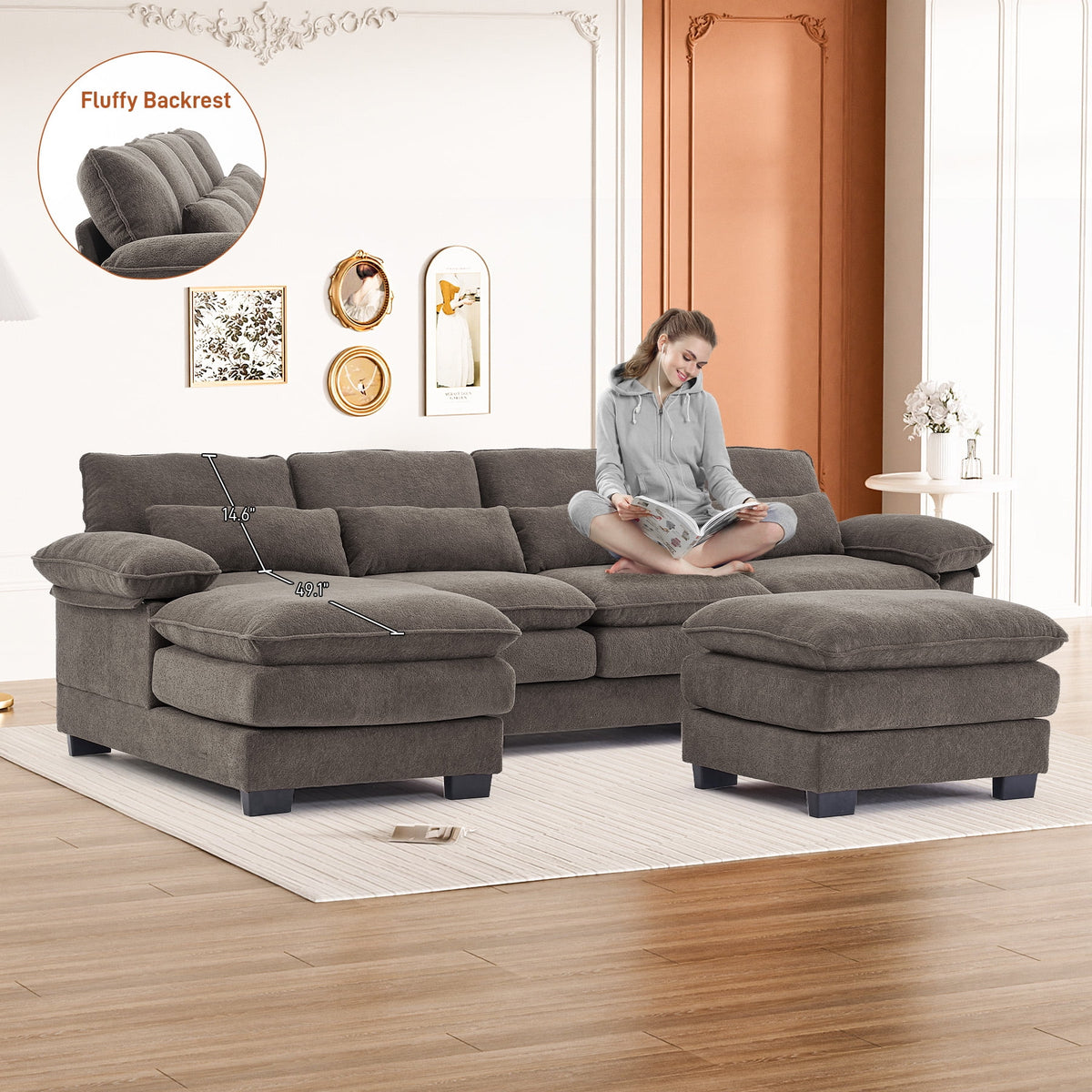 Rophefx 114.3" U Shaped Sectional Couches for Living Room, Cloud Couch, 4 Seats Chenille Couch with Double Layer Cushion, Orange