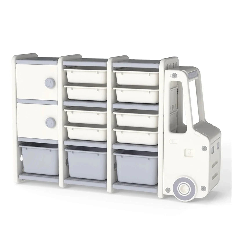 Truck-Shaped Kids Toy Storage Organizer with 11 Removable Bins, 2 Cabinets & Top Shelf, Toddler Bookshelf for Playroom & Kids Room
