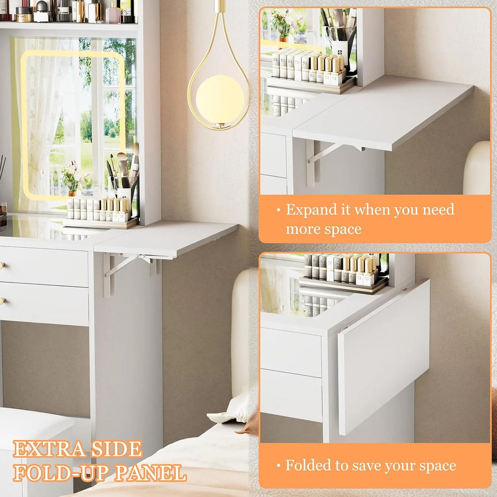 Montary Modern Mini Vanity W/Adjustable LED Mirror + Hidden Storage, Padded Stool & Dustproof Shelves (White)