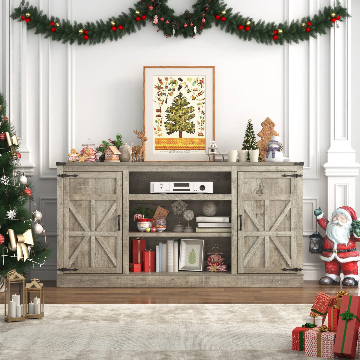 Chvans Farmhouse Barn Door TV Stand for up to 65" Tvs & 23" Electric Fireplace, Entertainment Center Console Table with Adjustable Shevles