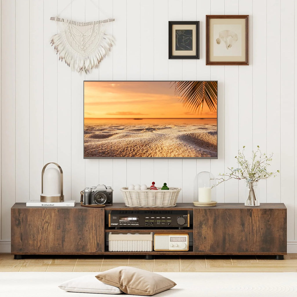 Tangkula Modern TV Stand 63”L Minimalist Entertainment Center w/ 2 Doors & Open Shelves