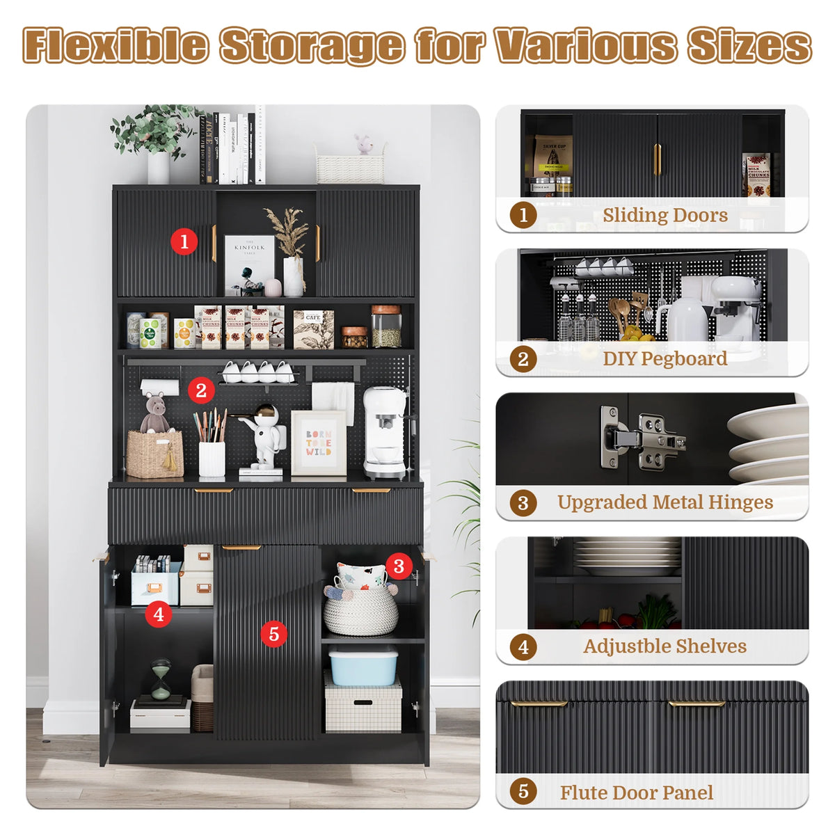 Planntonneo 71'' Tall Kitchen Pantry Storage Hutch Cabinet with Doors and Shelves, Grey Oak