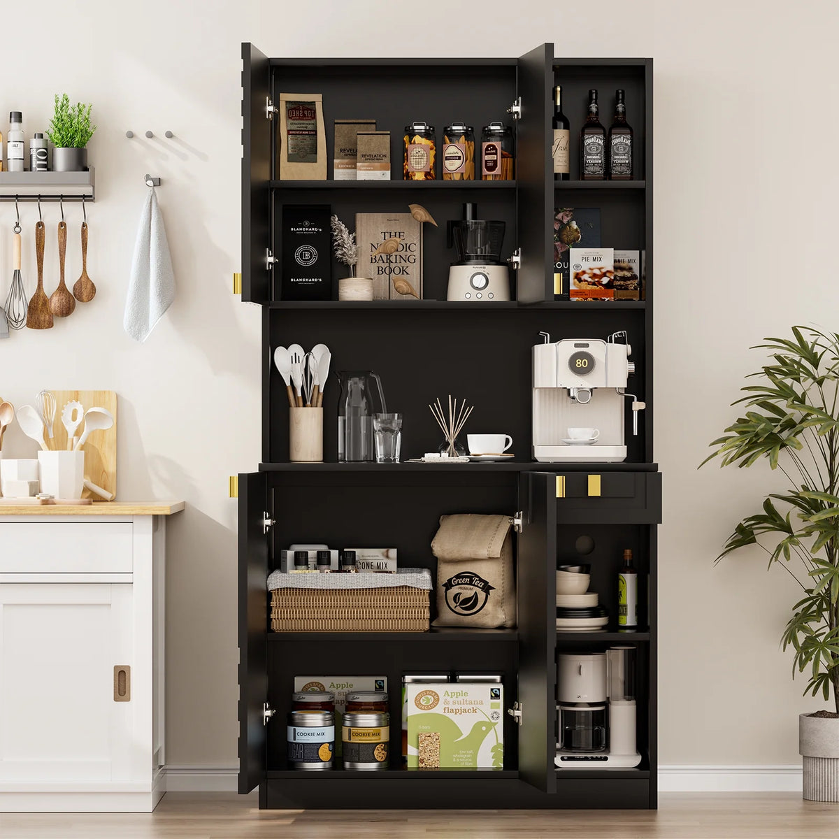 Planntonneo 71'' Tall Kitchen Pantry Storage Hutch Cabinet with Doors and Shelves, Grey Oak