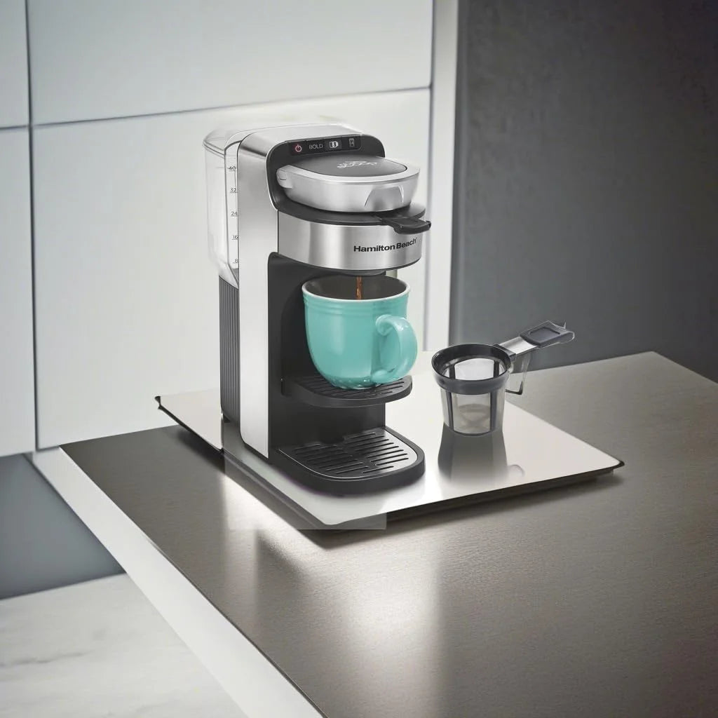The Scoop Single Serve Coffee Maker & Fast Grounds Brewer for 8 - 14 oz. Cups, Brews in Minutes, 40 oz. Removable Reservoir, Stainless Steel (49987), Silver