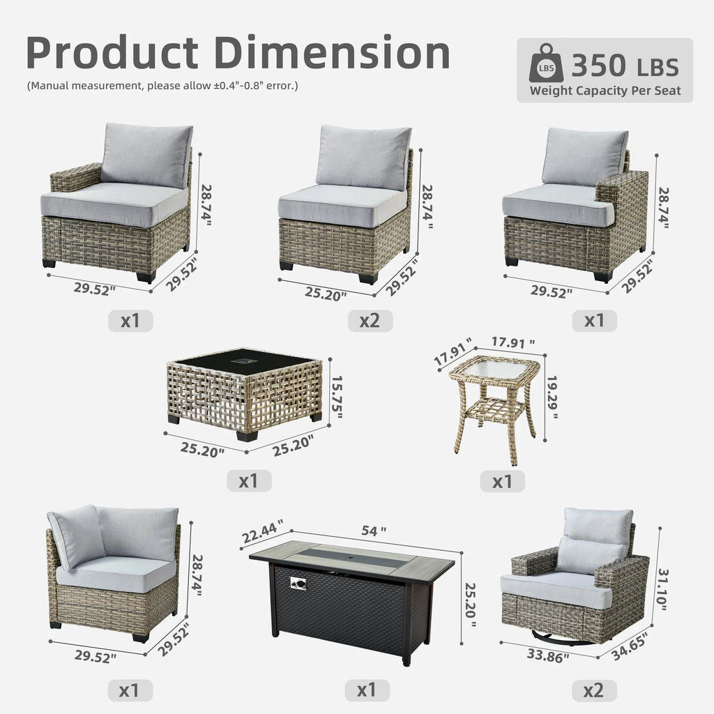 Ovios 10 Pieces Outdoor Patio Furniture Modern High - Back All - Weather Wicker Sectional Conversation Set with Propane Fire Pit Table & Swivel Chair, Dark Gray