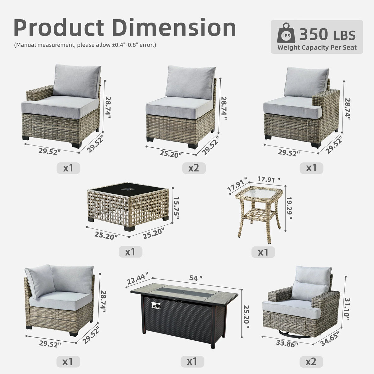 Ovios 10 Pieces Outdoor Patio Furniture Modern High - Back All - Weather Wicker Sectional Conversation Set with Propane Fire Pit Table & Swivel Chair, Dark Gray