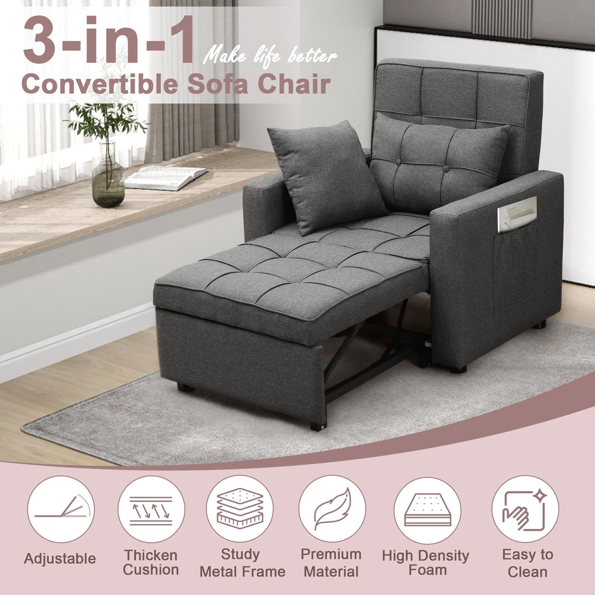 Tolead 3 - in - 1 Convertible Sofa Bed Sleeper Chair with Adjustable Backrest, Gray