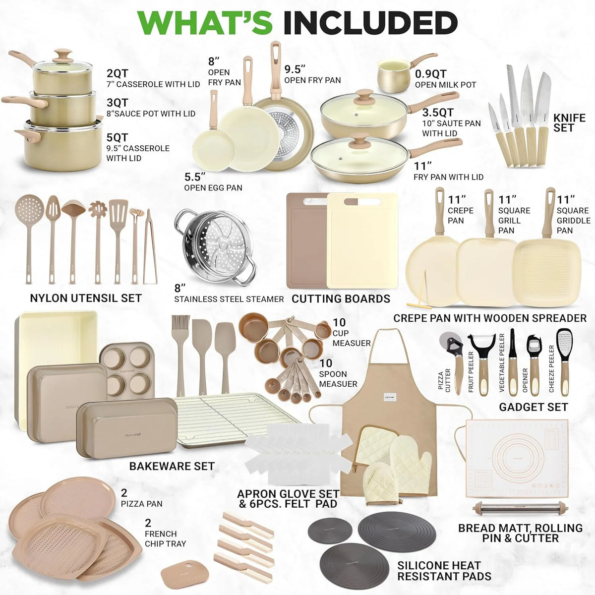 54 - Piece Kitchen Cookware Set - Complete Non - Stick Ceramic Pots and Pans Set with Utensils, Bakeware, and Knife Set, Gas, Electric & Induction Compatible, Blush Pink Kitchen Essentials