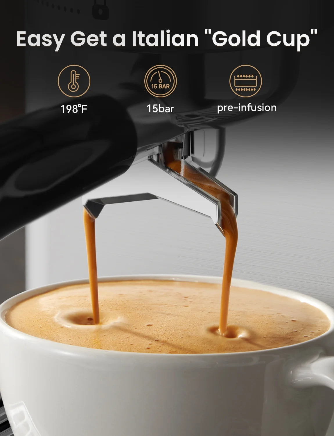 Neretva Espresso Machine 15 Bar Professional Espresso Maker with Milk Frother Steam Wand, Cappuccino & Latte Machine, Espresso Coffee Machine for Home - Stainless Steel