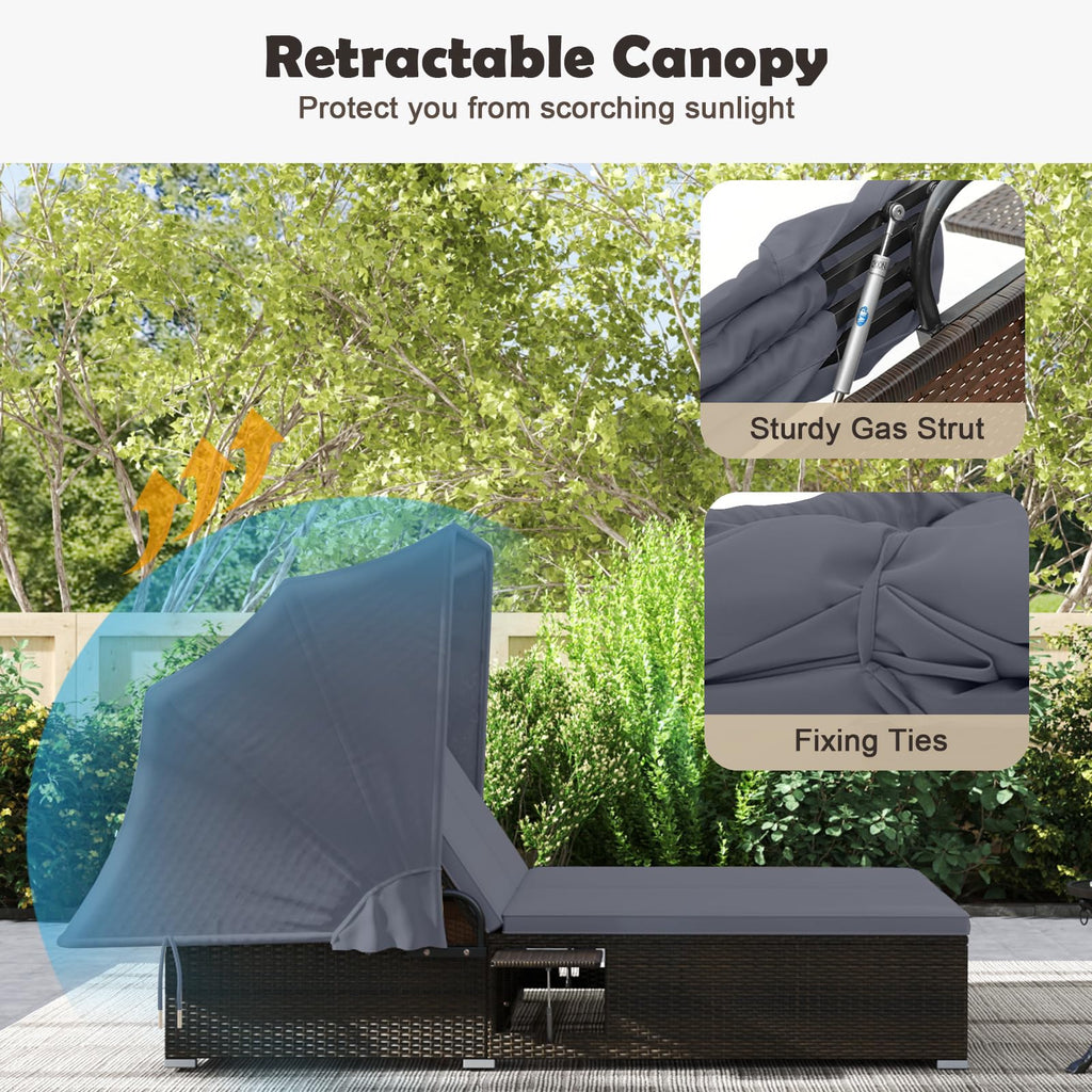 Tangkula Outdoor Rattan Daybed with Canopy & 6-Level Adjustable Backrests