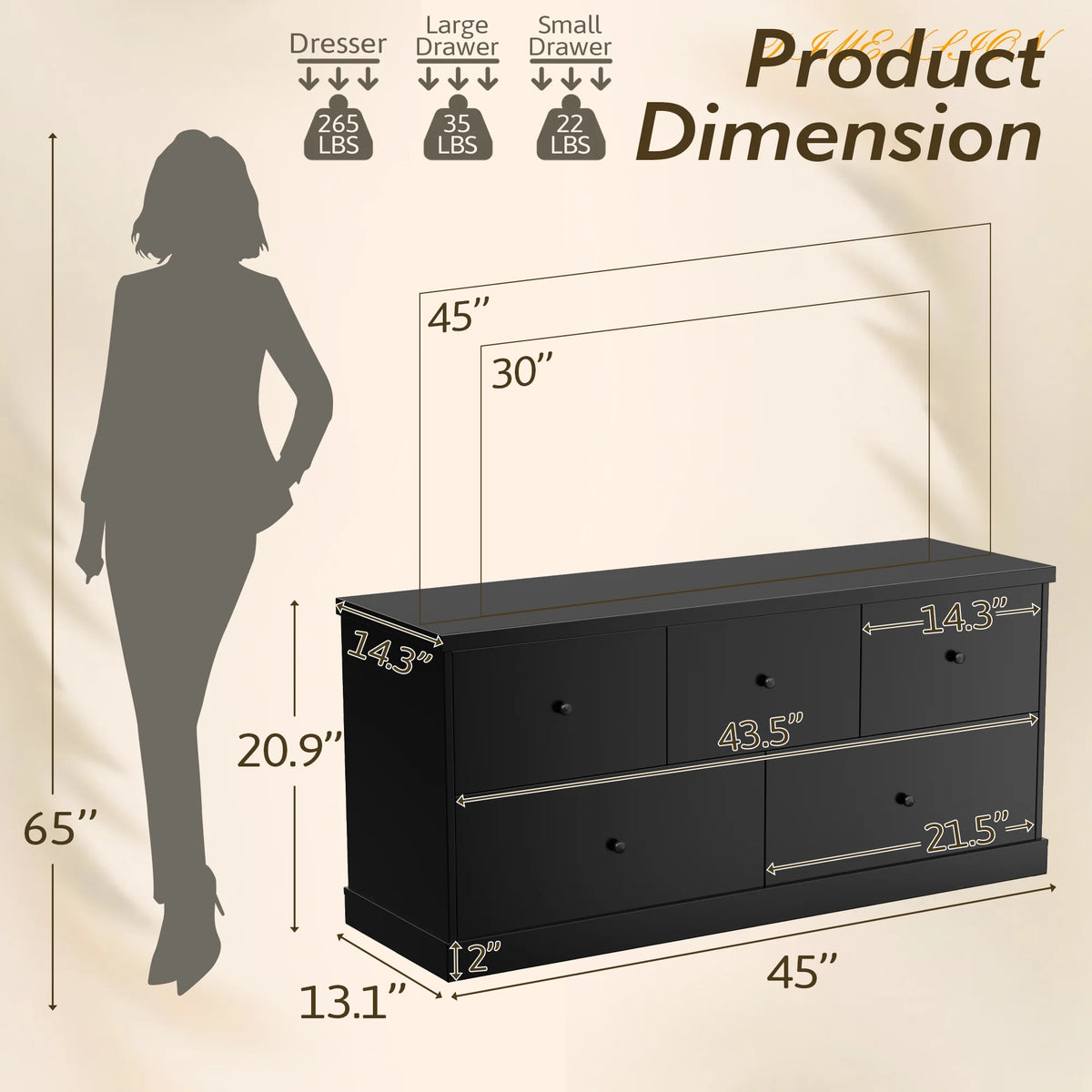 Homall 5 Drawer Dresser Wood Storage Cabinet Double Tier Chest of Drawer TV Stand for Bedroom, Living Room, Black