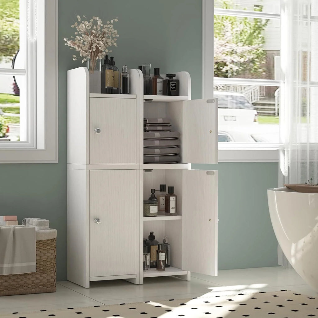 Two Sideboard Cabinets with Four Doors, White