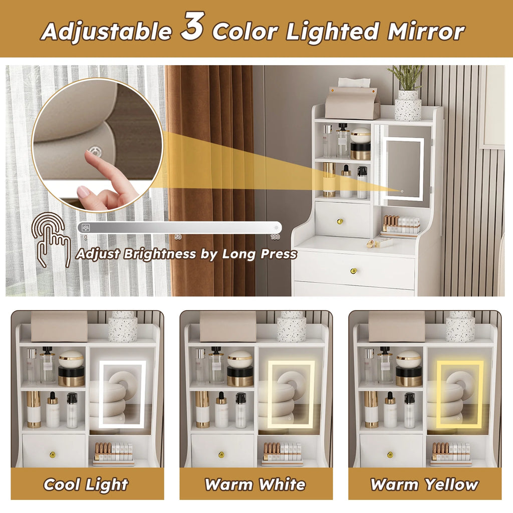 Montary Modern Mini Vanity W/Adjustable LED Mirror + Hidden Storage, Padded Stool & Dustproof Shelves (White)