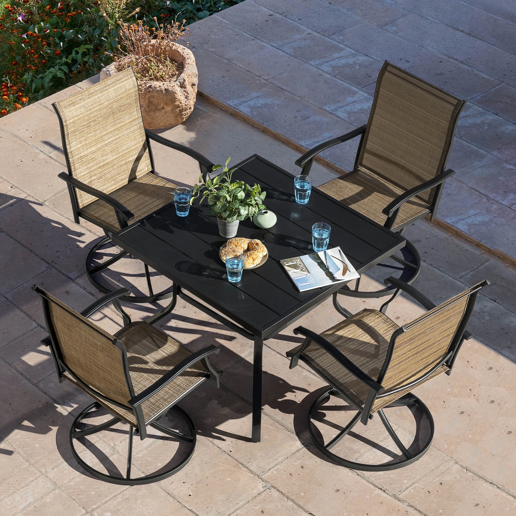Nuu Garden 5 Piece Outdoor Patio Dining Set, Metal Patio Furniture Set 4 Textilene Swivel Chairs and 37" Square Iron Umbrella Dining Table, Black and Brown