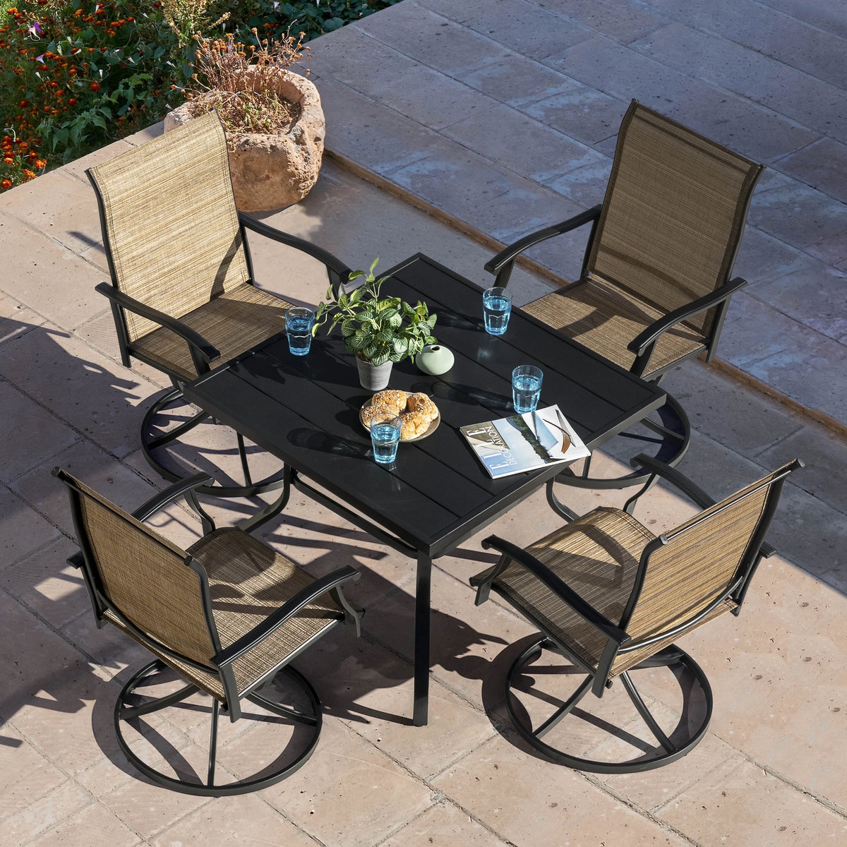 Nuu Garden 5 Piece Outdoor Patio Dining Set, Metal Patio Furniture Set 4 Textilene Swivel Chairs and 37" Square Iron Umbrella Dining Table, Black and Brown