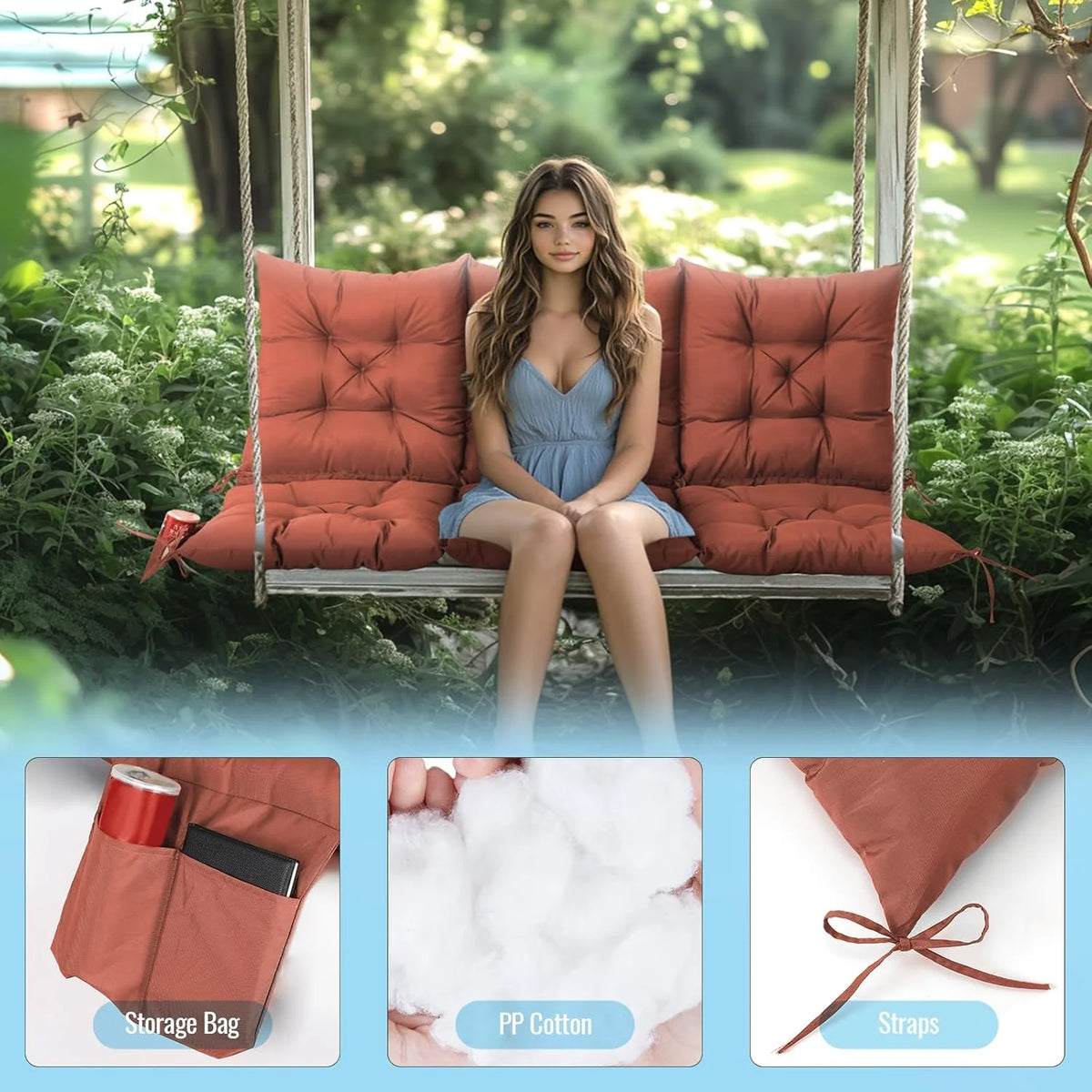 NACATIN 3 Seat Cushion for Outdoor Swing - 60x40 Inches, 4" Thick Porch Swing Cushions with Ties and Storage Bag, Waterproof Bench Replacement Cushions for Patio, Outdoor, Backyard and Garden (Khaki)