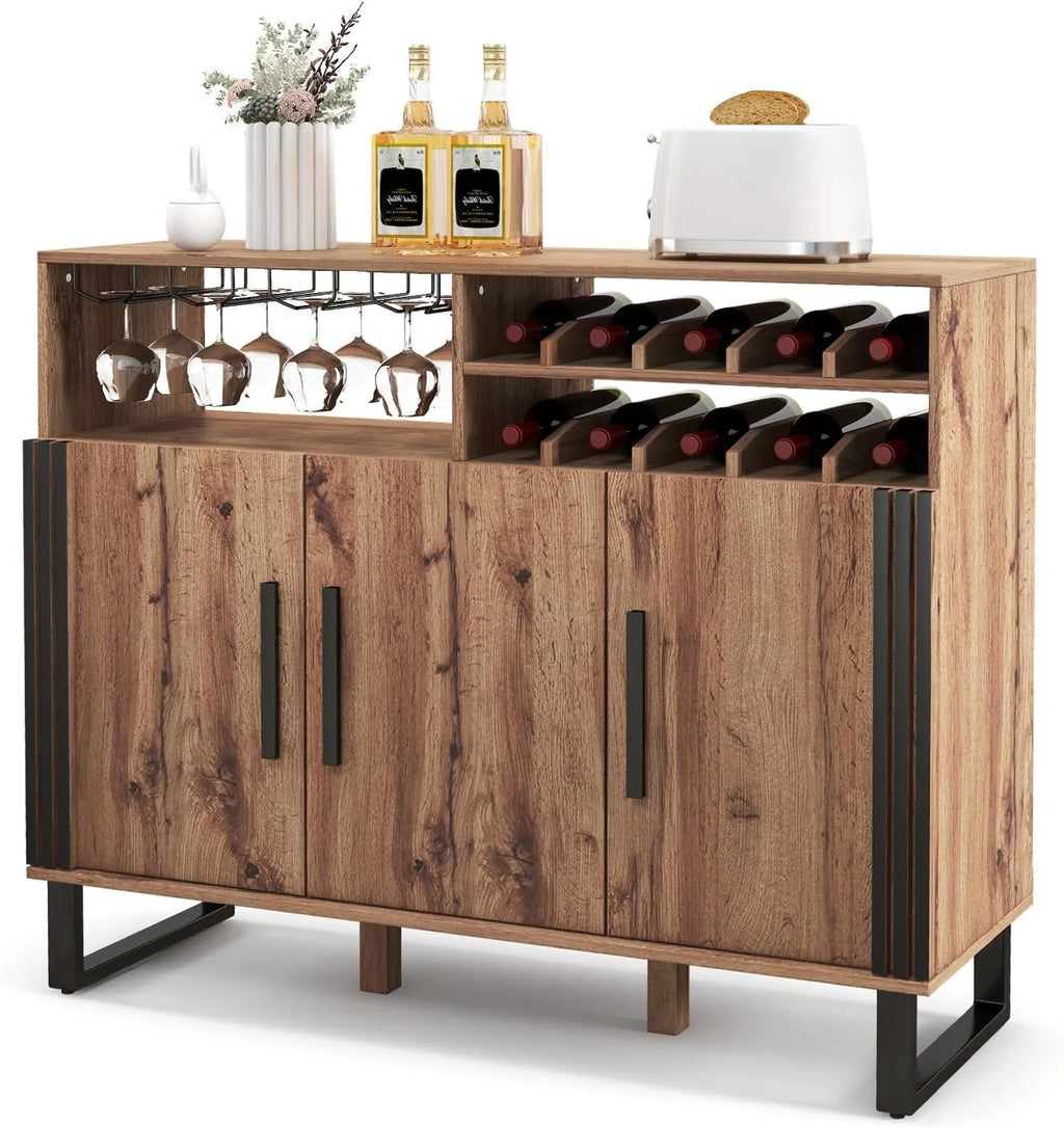 Wine Bar Sideboard with Three Doors and Glass Holder, Brown