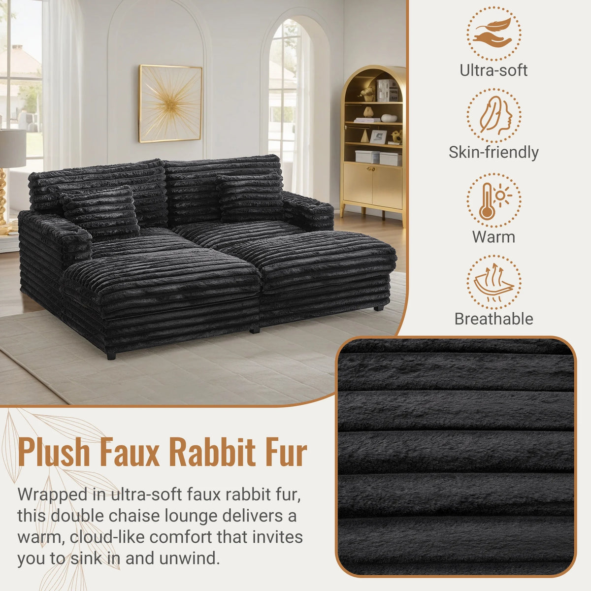 Oversized Double Chaise Lounge, Faux Fur Upholstered Deep Seat Sofa with 2 Pillows, 2 Cupholders, and Dual USB Ports