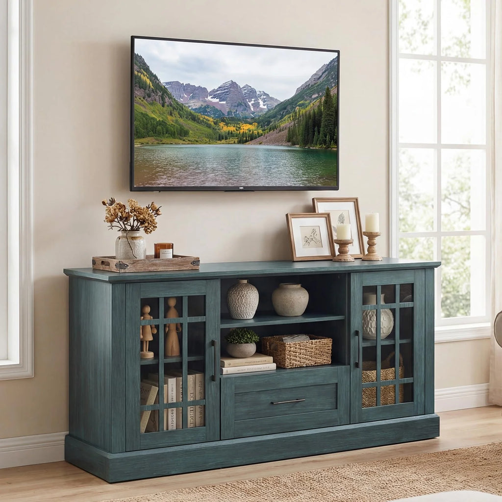 Tangkula Farmhouse TV Stand for TV up to 65 70 Inches 1 Drawer & 2 Open Shelves Wooden Entertainment Center