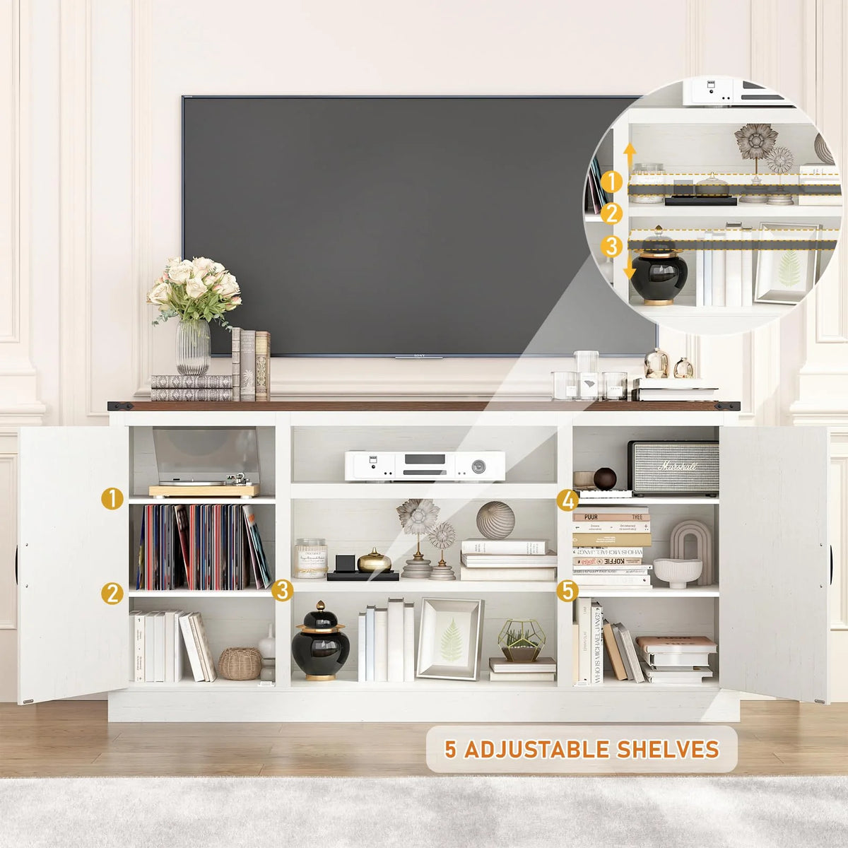 Chvans Farmhouse Barn Door TV Stand for up to 65" Tvs & 23" Electric Fireplace, Entertainment Center Console Table with Adjustable Shevles