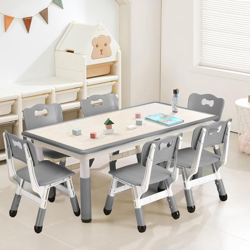 Twister.ck Kids Table and Chairs Set, Height Adjustable Toddler Table and 6 Chair, Multi - Activity Table with Graffiti Desktop for Ages 2 - 10, Children Activity Table for Daycare, Classroom, Home, Gray