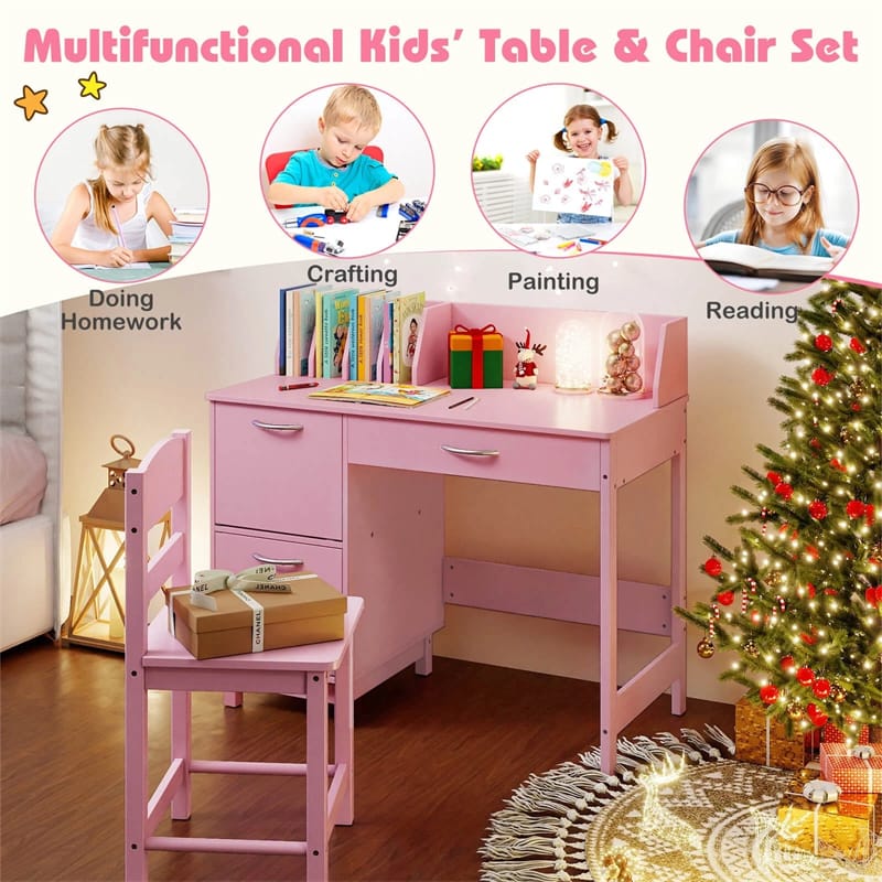 Wooden Kids Desk and Chair Set with Hutch, Storage Drawer & Cabinet, Children School Study Table Writing Computer Workstation for Ages 3-8