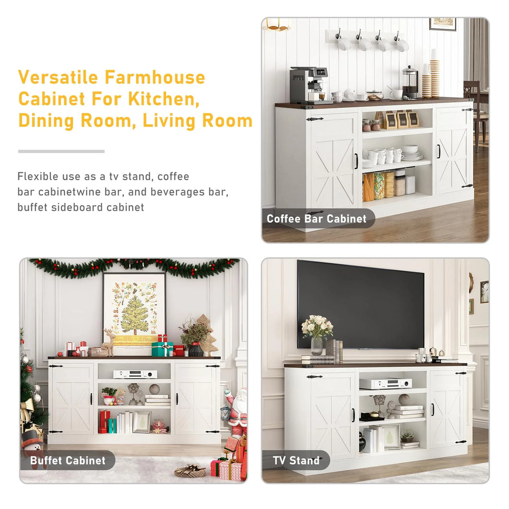 Chvans Farmhouse Barn Door TV Stand for up to 65" Tvs & 23" Electric Fireplace, Entertainment Center Console Table with Adjustable Shevles