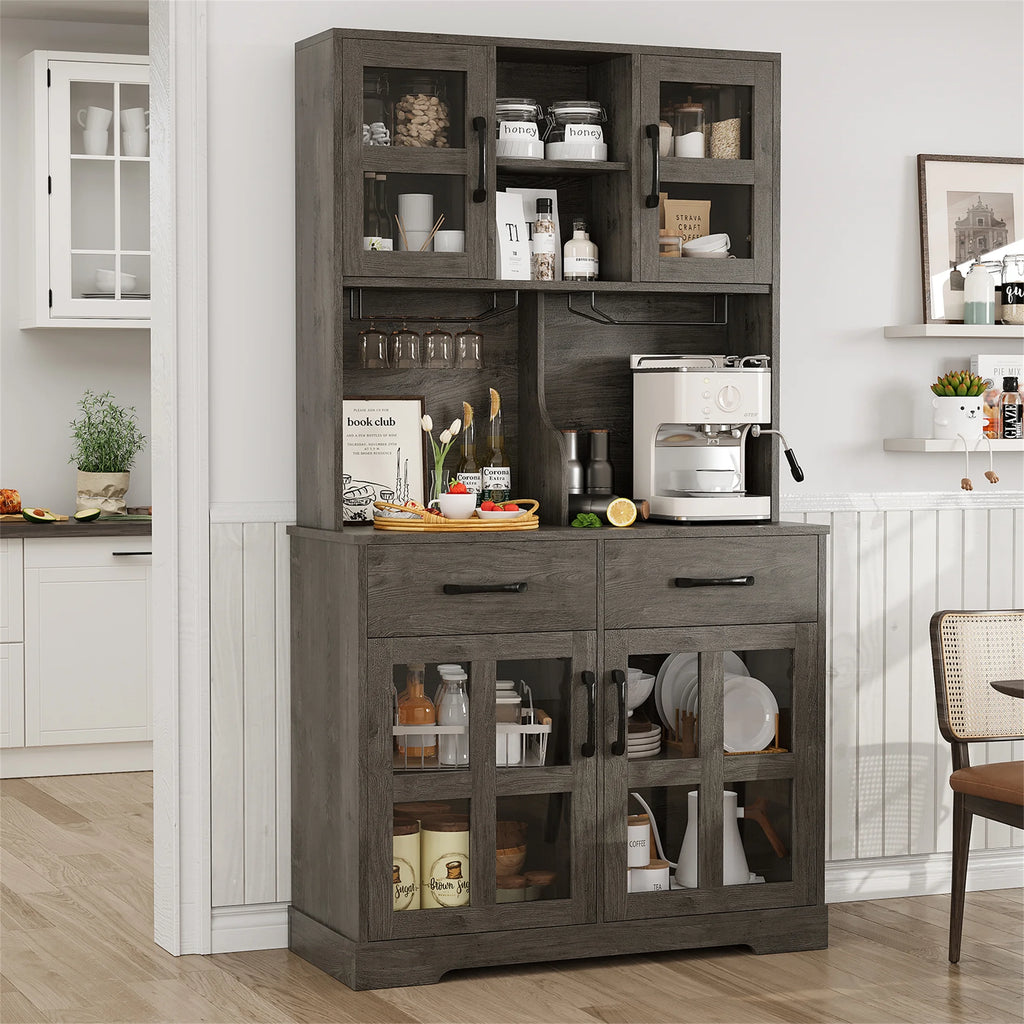Planntonneo 71'' Tall Kitchen Pantry Storage Hutch Cabinet with Doors and Shelves, Grey Oak