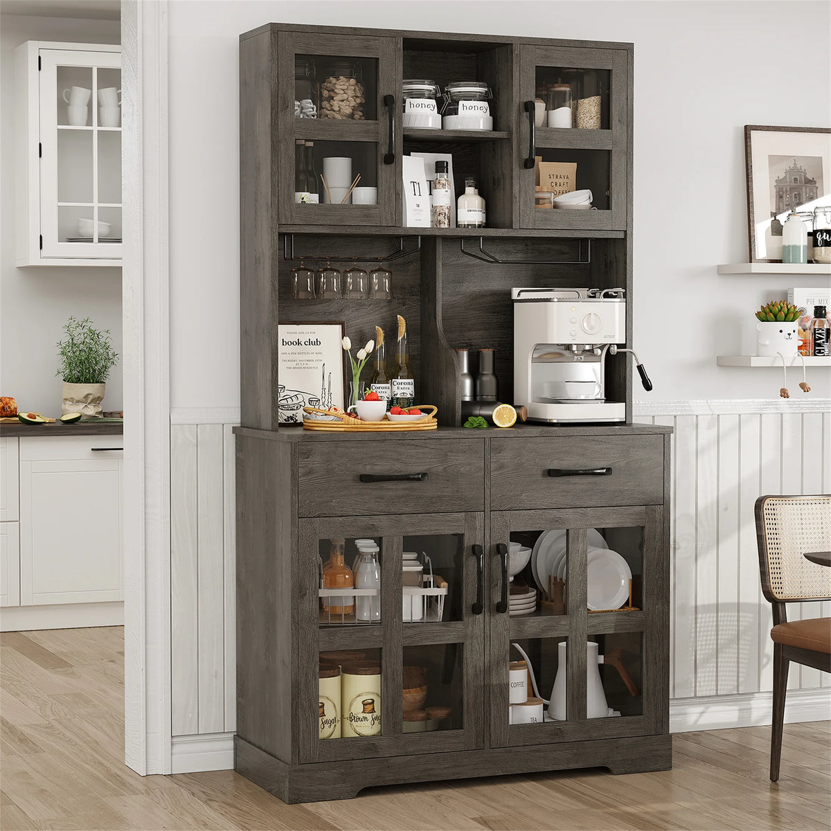 Planntonneo 71'' Tall Kitchen Pantry Storage Hutch Cabinet with Doors and Shelves, Grey Oak