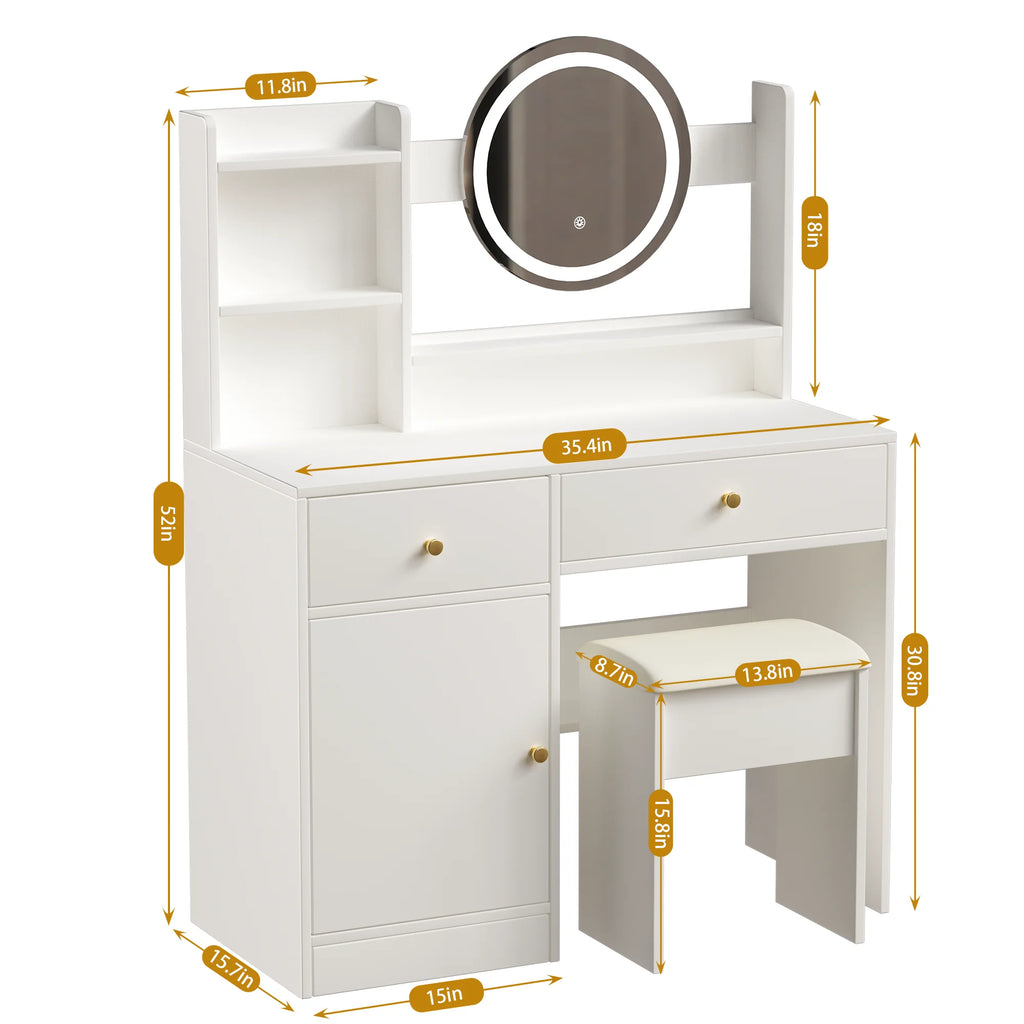 Montary Modern Mini Vanity W/Adjustable LED Mirror + Hidden Storage, Padded Stool & Dustproof Shelves (White)